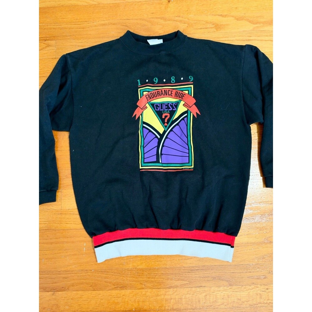 Vintage 1989 GUESS USA Crew Neck Ride Sweatshirt Made USA Black One Size 80s